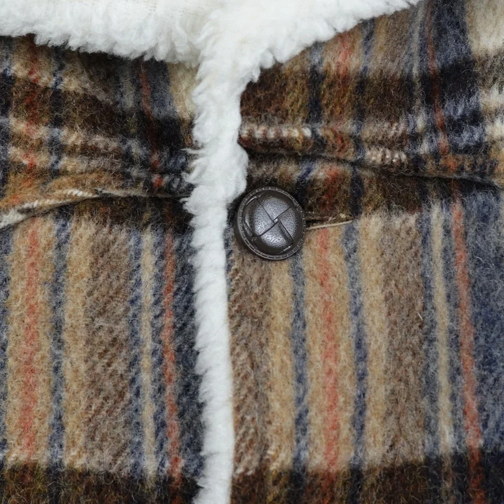 Vintage Montgomery Ward Wool Blend Jacket Mens Medium Plaid Sherpa Button 70s